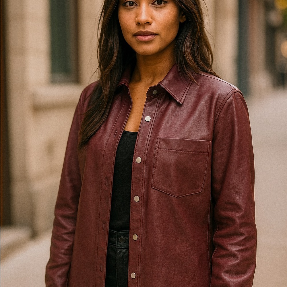 Women's Bagatelle Burgundy Faux Leather Button Up Shirt Jacket Size Small